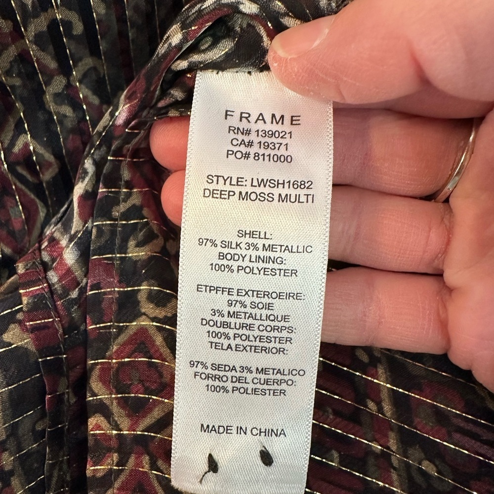 New! Frame Silk Button Up In Deep Moss Multi Top … - image 8